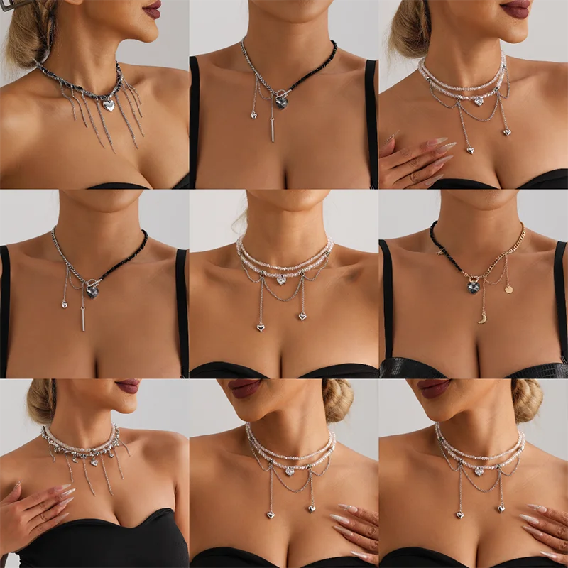 Y2k Choker Necklaces Heart Pendant Chain Jewellery Women Glass Multilayer Neck Collier Femme Cadenas Para Mujer for Girls Women