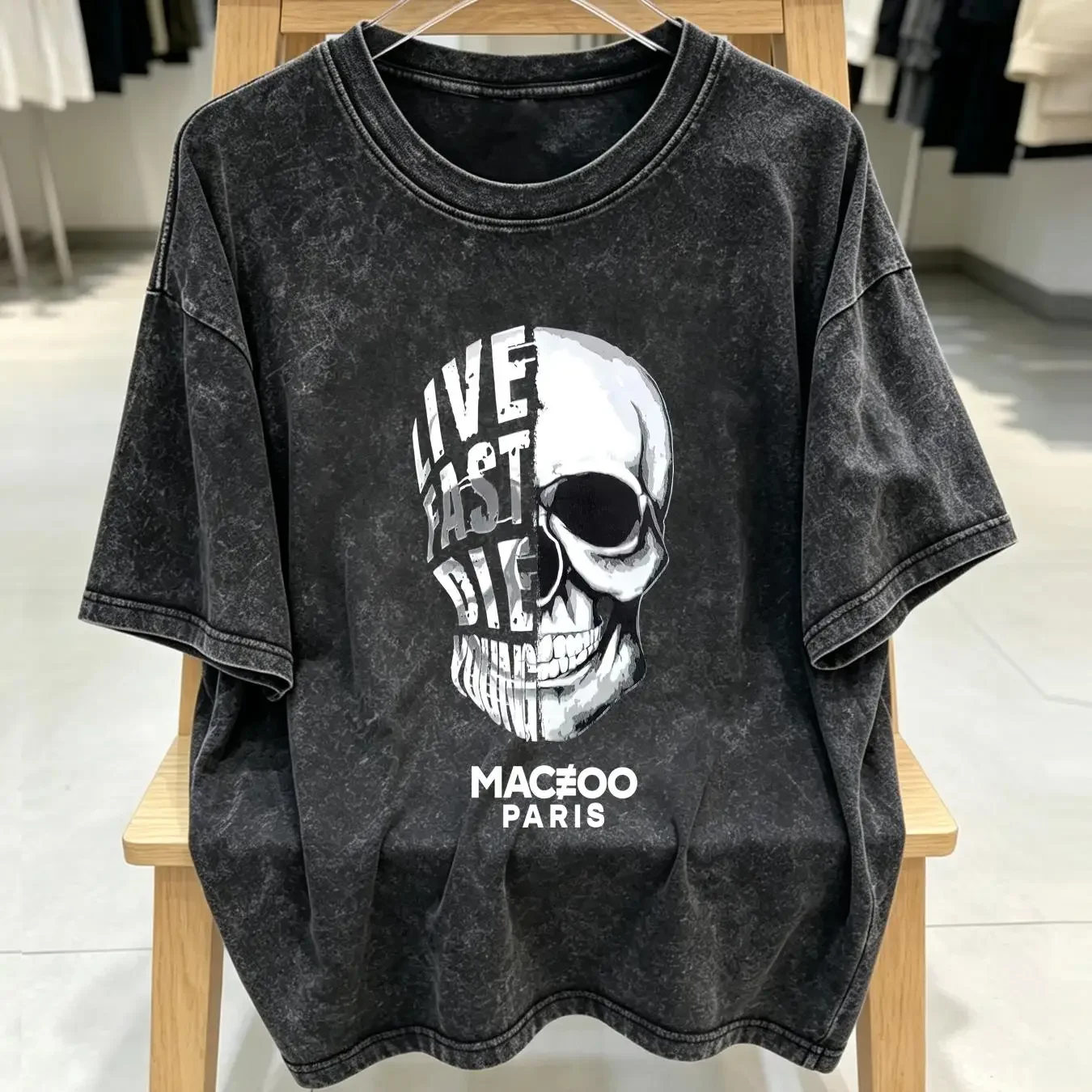 washed T Shirt Maceoo Mens Medium Black Crew Paris Skull Bone Live Fast Die Young Adult 3 long or short sleeves vintage Washed