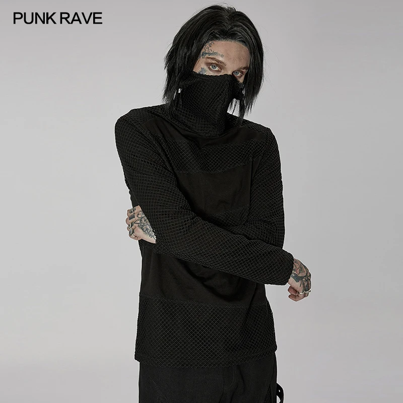 

PUNK RAVE Men's Gothic One-piece Masked Stand Collar Long Sleeve T-shirt Dark Daily Loose Black Hooded Tops Spring/Autumn