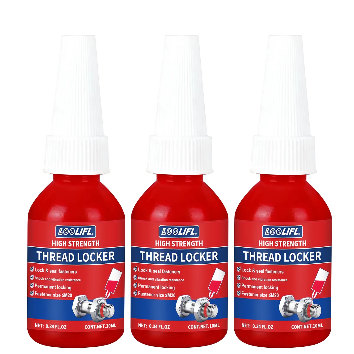 LOOLIFL Schraubensicherungskleber Blau Rot Mittelstark Hochfester Anti-Lose-Gewindedichtstoff Metallbolzen-Sicherungskleber 10ml 50ml