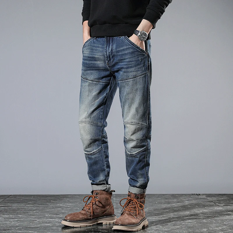 Street Designer Fashion Men Jeans High Quality Retro Blue Stretch Slim Fit Spliced Biker Jeans Men Patched Hip Hop Denim Pants