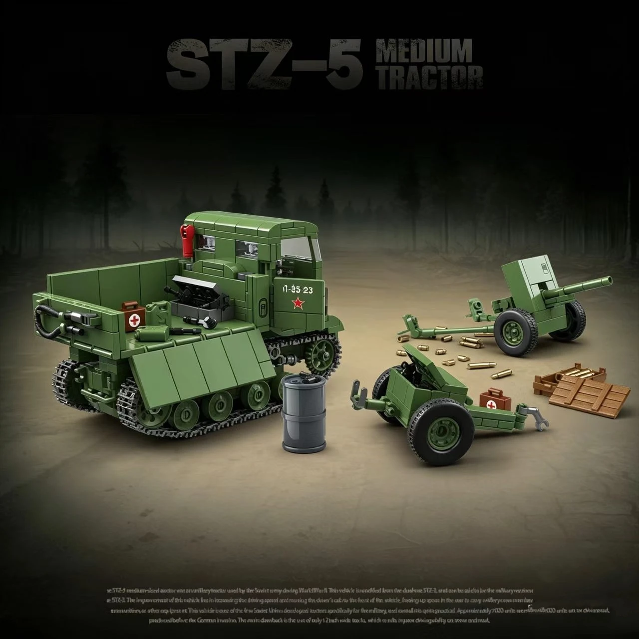 Quanguan 100289 733 PCS STZ‑5 Tractor With Artillery Building Blocks Military Truck Bricks Hobby Toy, Free Random Minifigure
