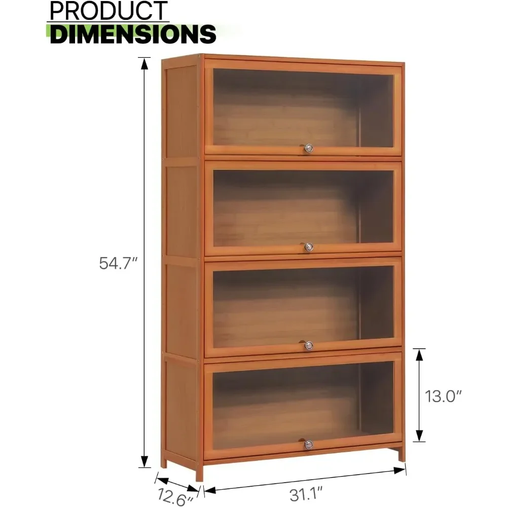 Bamboo 4-Tier Display Case Bookcase with Clear Acrylic Flip-Up Doors, Wide Brown Kitchen Cabinet Storage Pantry Cabinet Showcase