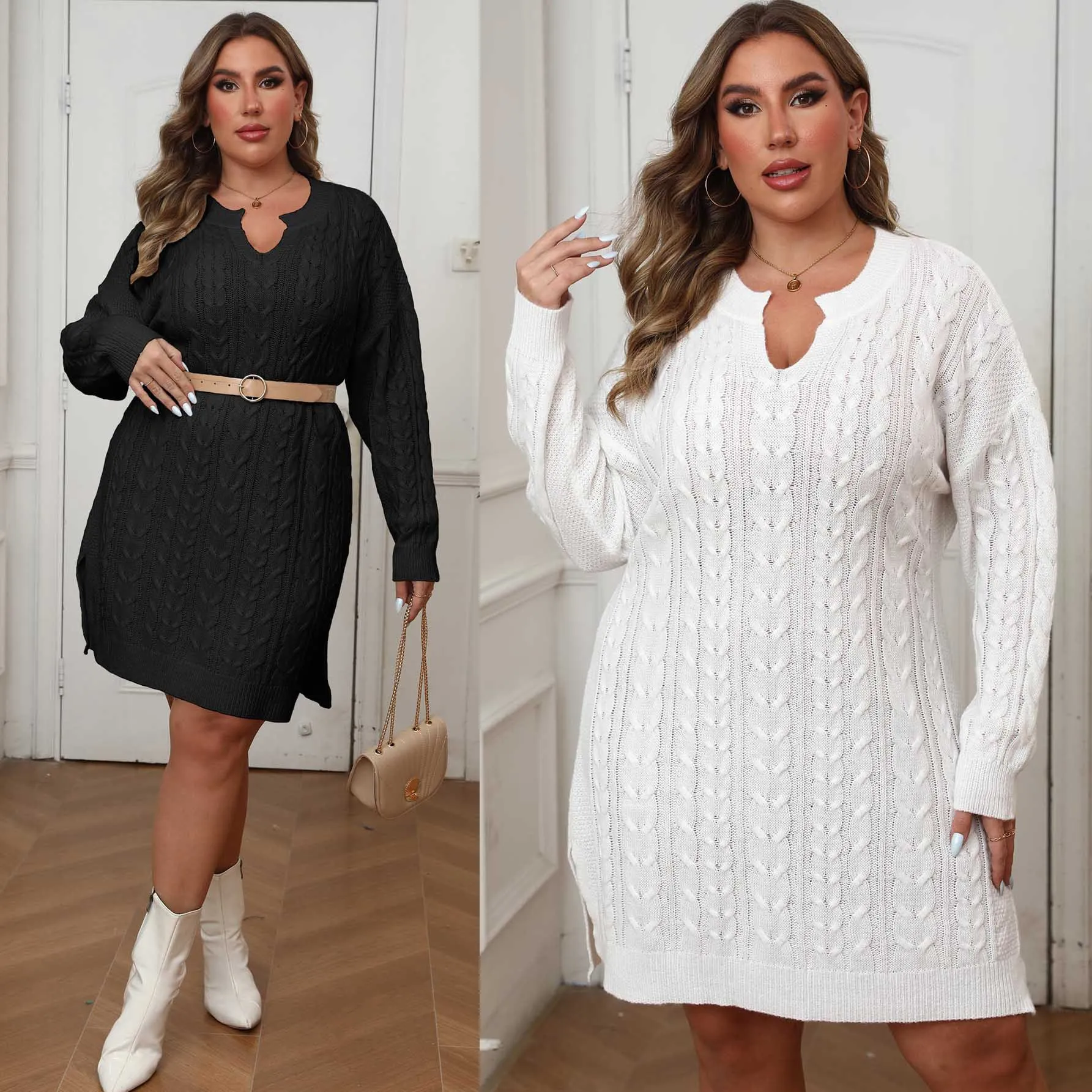 Vestido de talla grande con cuello en V para mujer, suéter tejido trenzado, Color puro, estilo europeo y americano, ropa de Otoño Invierno
