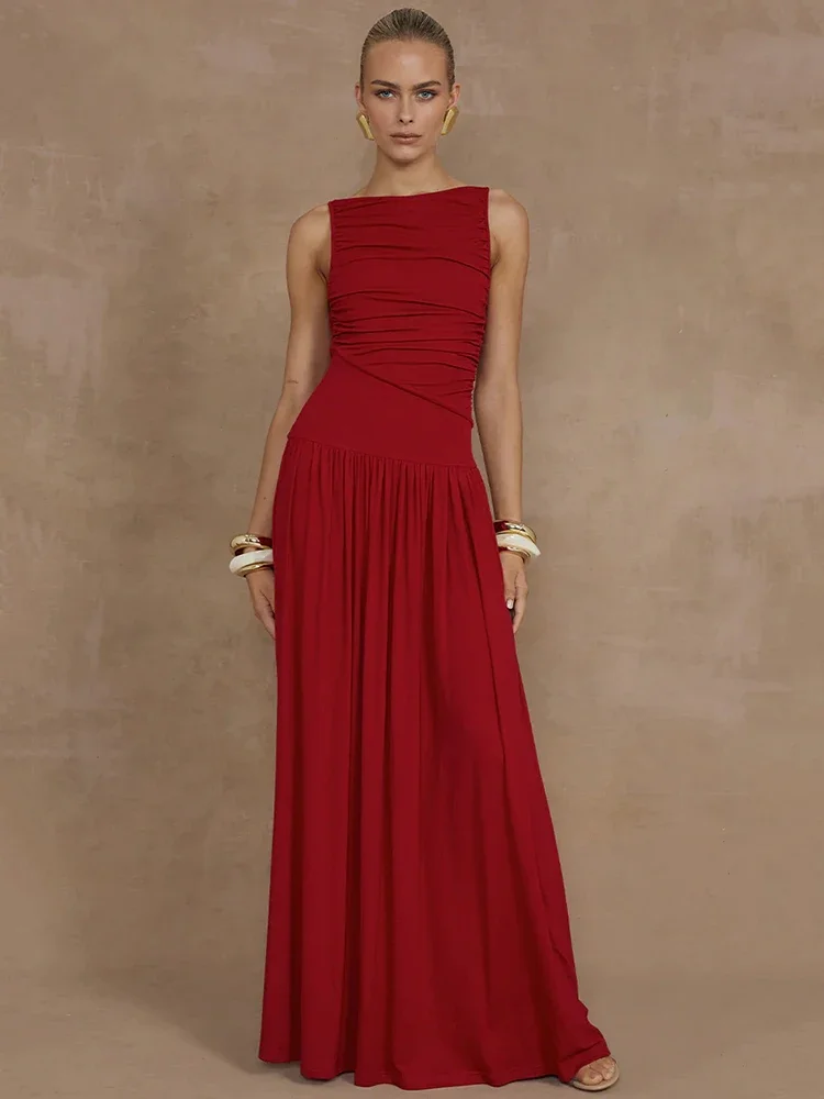 Elegant Sleeveless Maxi Dress For Women Fashion Solid Boat Neck Tank Dresses Ladies Sexy Ruched Long Dress New Gown