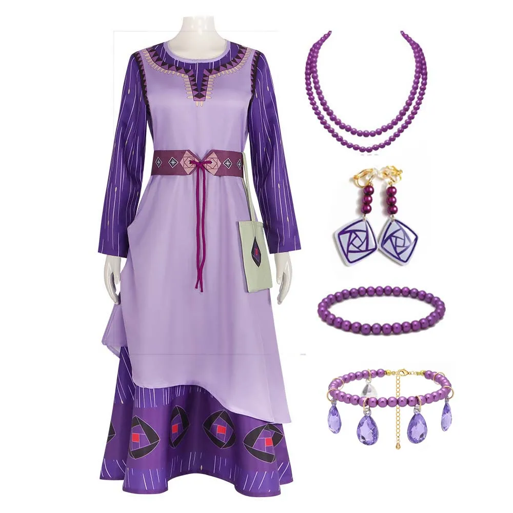 

Halloween Party Costume Gift Wish Asha Cosplay Costume Dress Necklace Earring wig full set for Adult