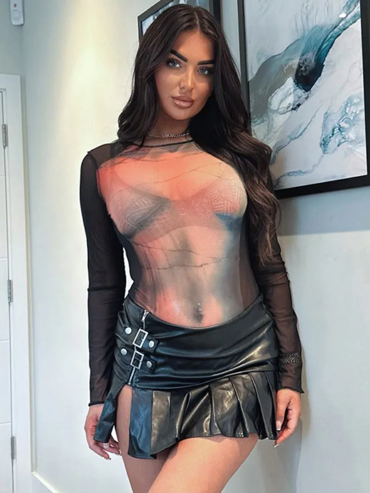 أزياء خمر طويلة الأكمام Bodycon قمم مثير س الرقبة ضئيلة حللا الجمالية شيك مطبوعة شبكة المرأة داخلية Y2K الشارع الشهير #2