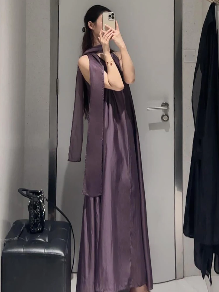 فستان صيفي طويل جديد بتصميم كوري فاخر مع ياقة وشاح، ضيق ومريح، تنورة ميدي بخصر مرتفع للنساء