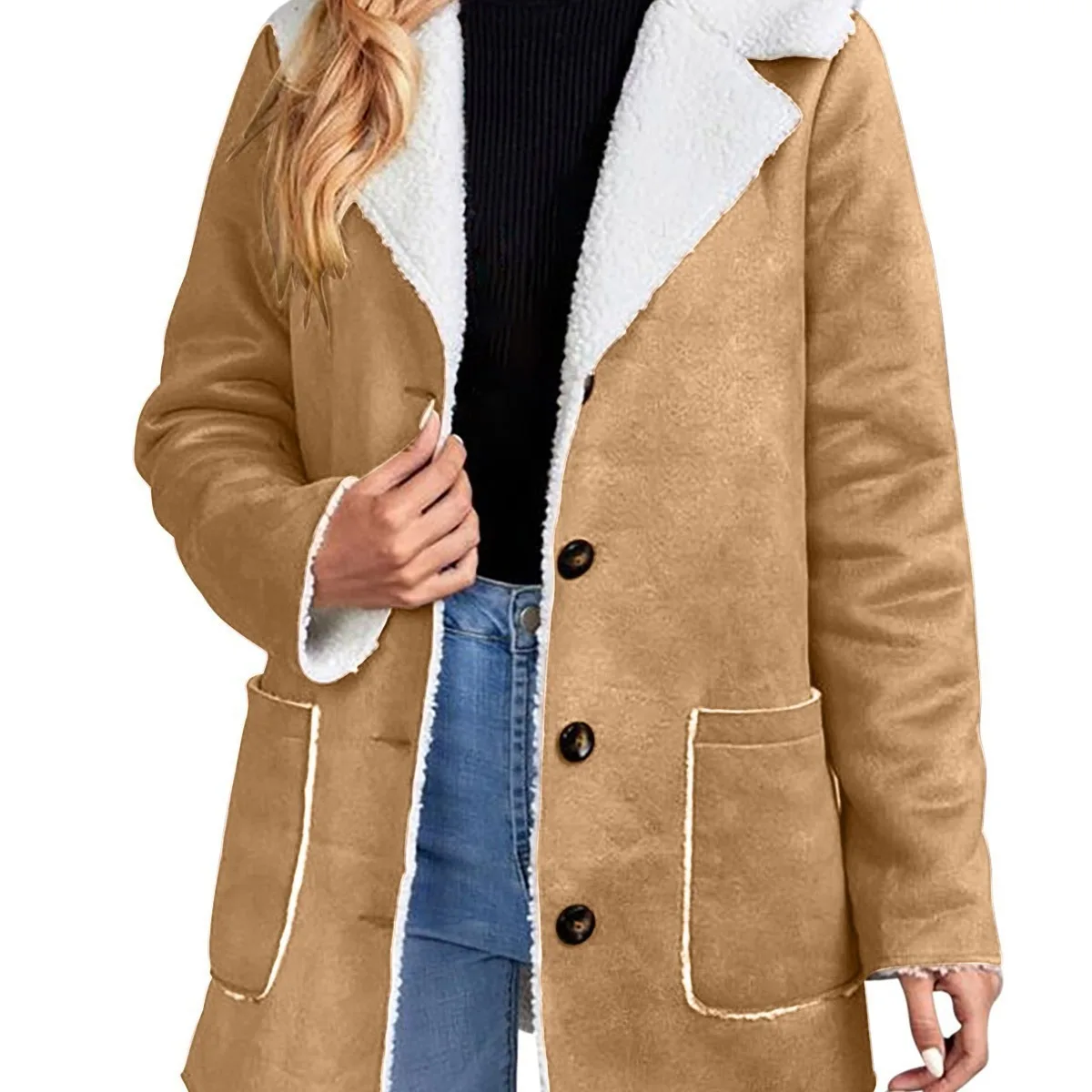 معطف متوسط الطول من جلد الغزال الصناعي الرجعية ، لخريف وشتاء 2025 على الطراز الأوروبي الأمريكي سترة نسائية دافئة واحدة الصدر واسعة التلبيب #2