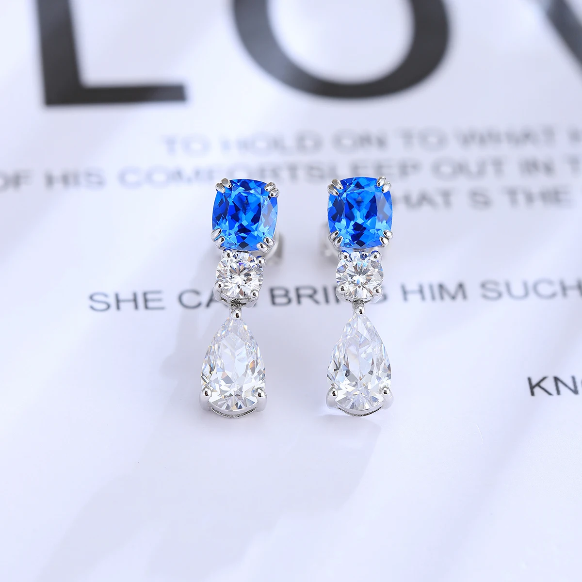 Square Shape Cobalt Spinel Jewelry Lab Gems Ear Drop Elegant Jewelry Set S925 Silver Earrings