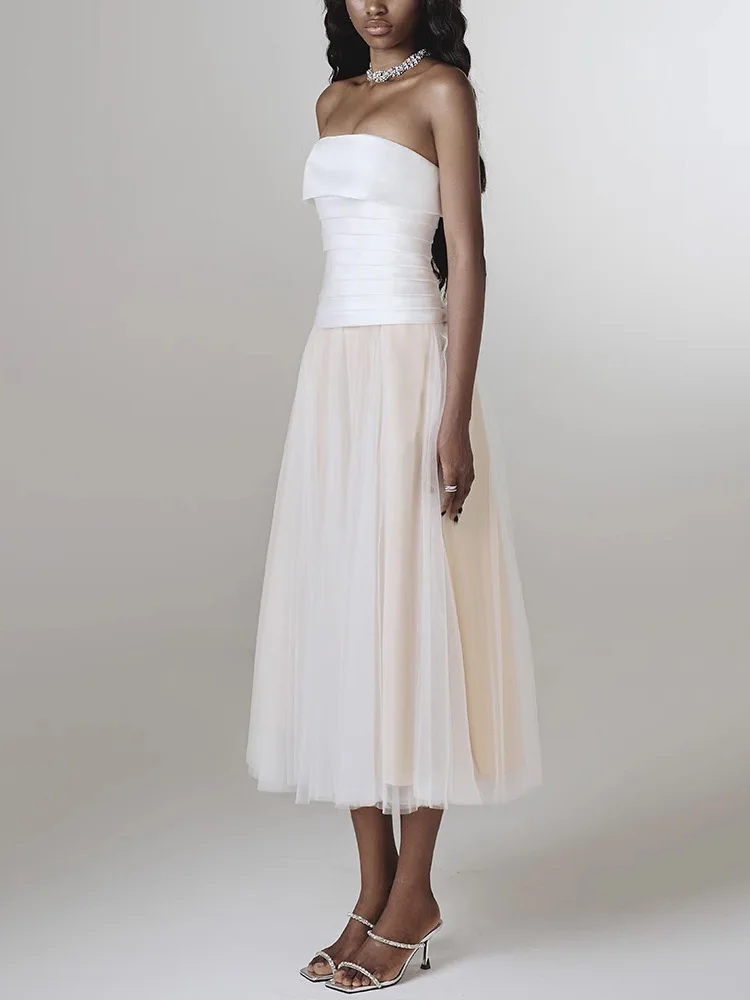 Abito lungo fluido senza schienale a strati smock da donna Abito lungo da cocktail party con volant in rete a vita alta Abito da sera elegante