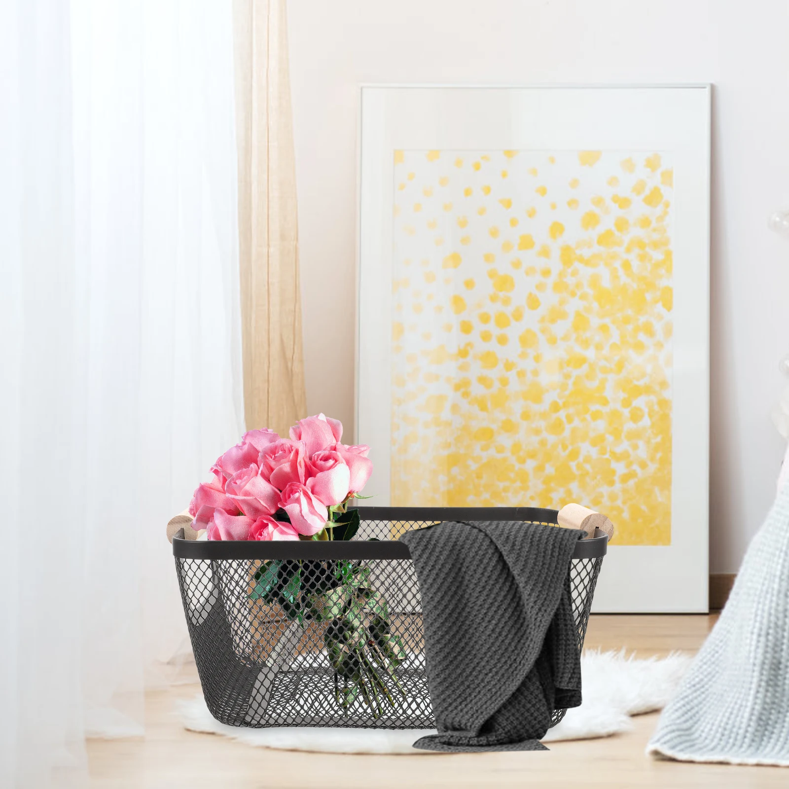 

Large Capacity Iron Metal Mesh Basket With Wooden Handle Farmhouse Style Storage Organizer For Bathroom Shelves Decorative