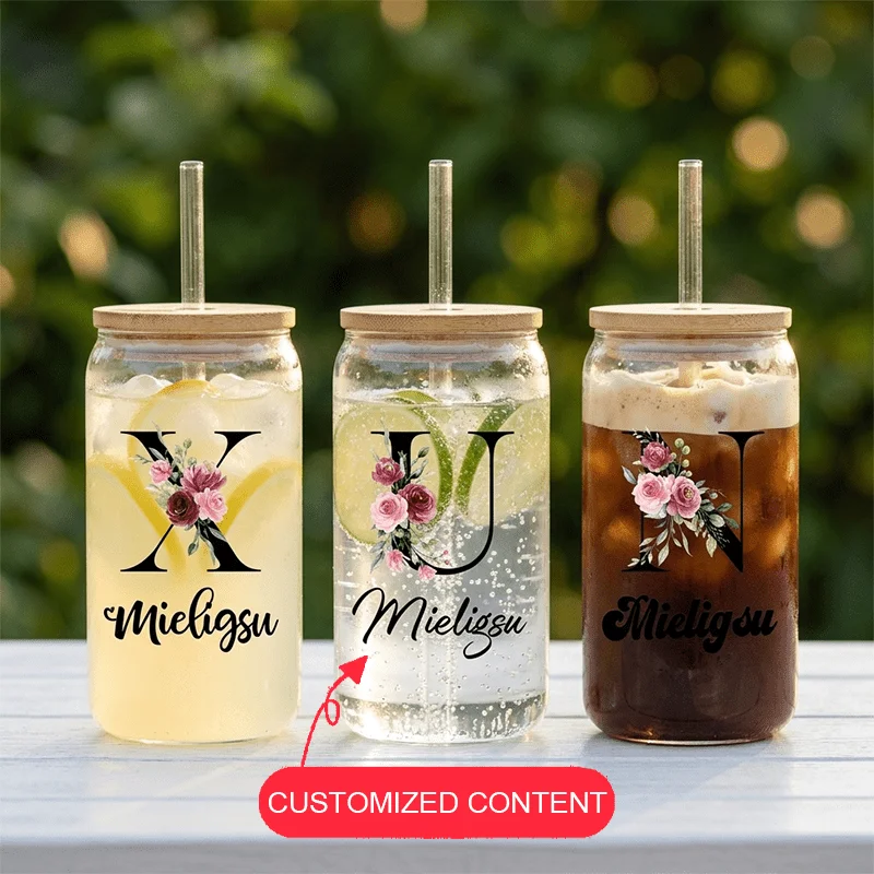 Personalized Floral Monogram Glass Can Cup Custom Initial Name 16oz Iced Coffee Cup with Bamboo Lid Straw Bridesmaid Gift