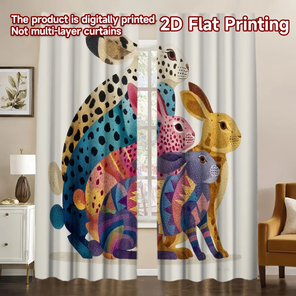 2D Flat Printing,2pcs Colorful Rabbit Collection Popular Window Curtain Durable 100% Polyester Fabric Curtains Versatile All