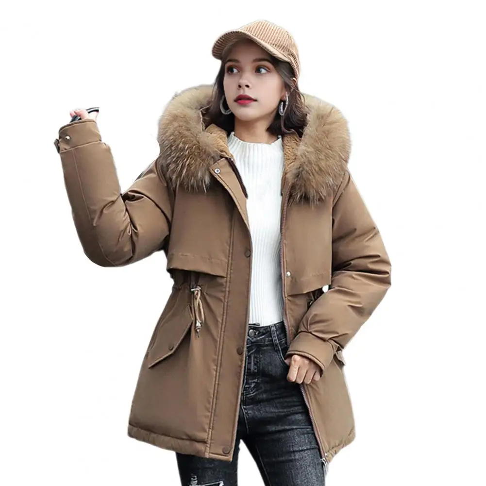 Winter Women Furry Hood Parka Jacket Thickened Drawstring Waist Oversized Velvet Windbreaker Mid Length Warm Long Coat Outerwear