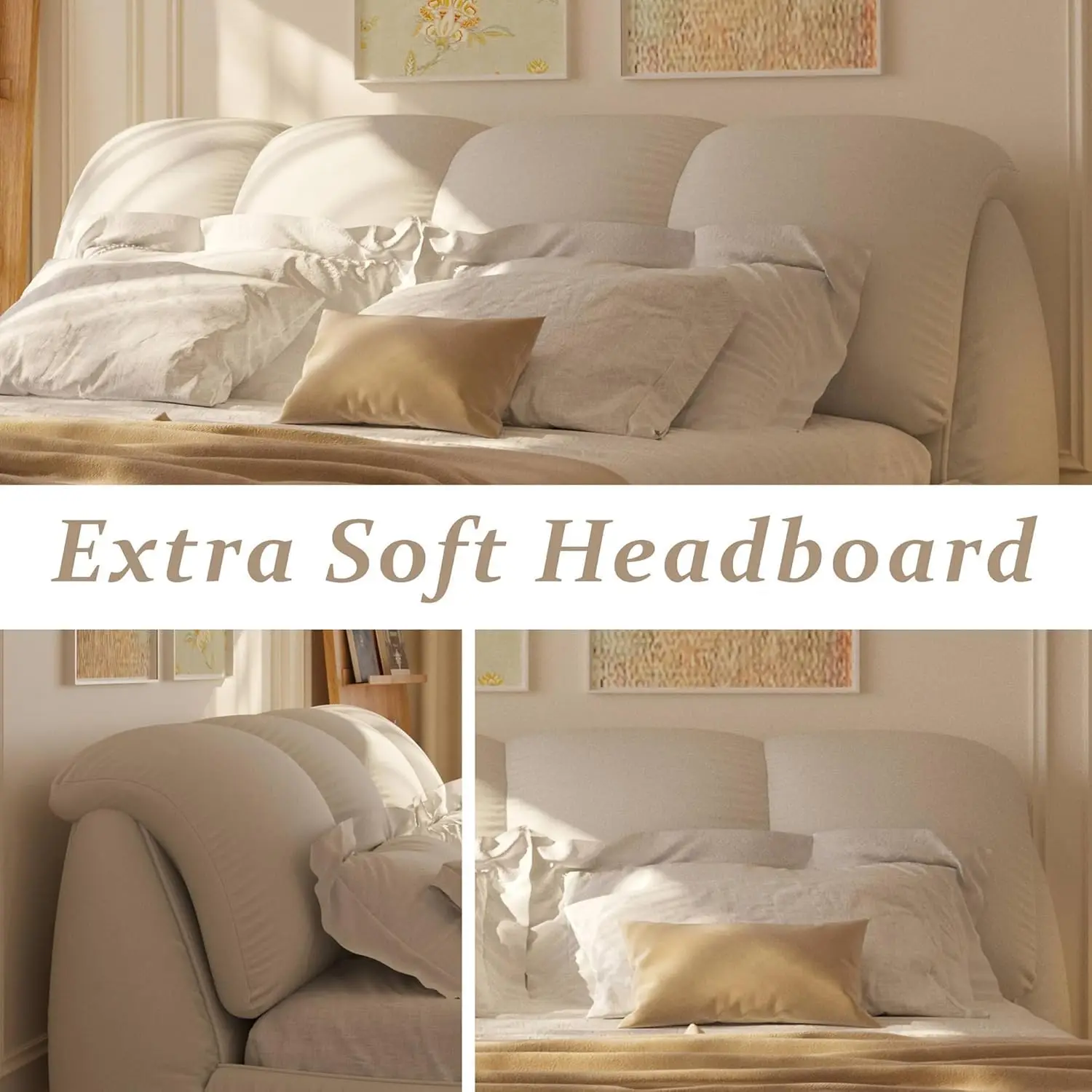 Luxury King Bed Frame Oversized Headboard Upholstered Sleigh Wooden Slats Padded Backrest Bedroom No Box Spring, Customized