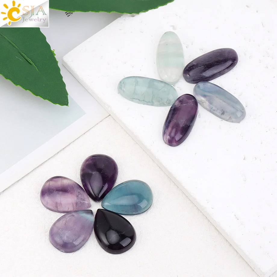 CSJA Natural Crystal Fluorite Oval Flat Cabochon Crystals Beads for DIY Jewelry Making Ring Necklace Earrings Random Color H754