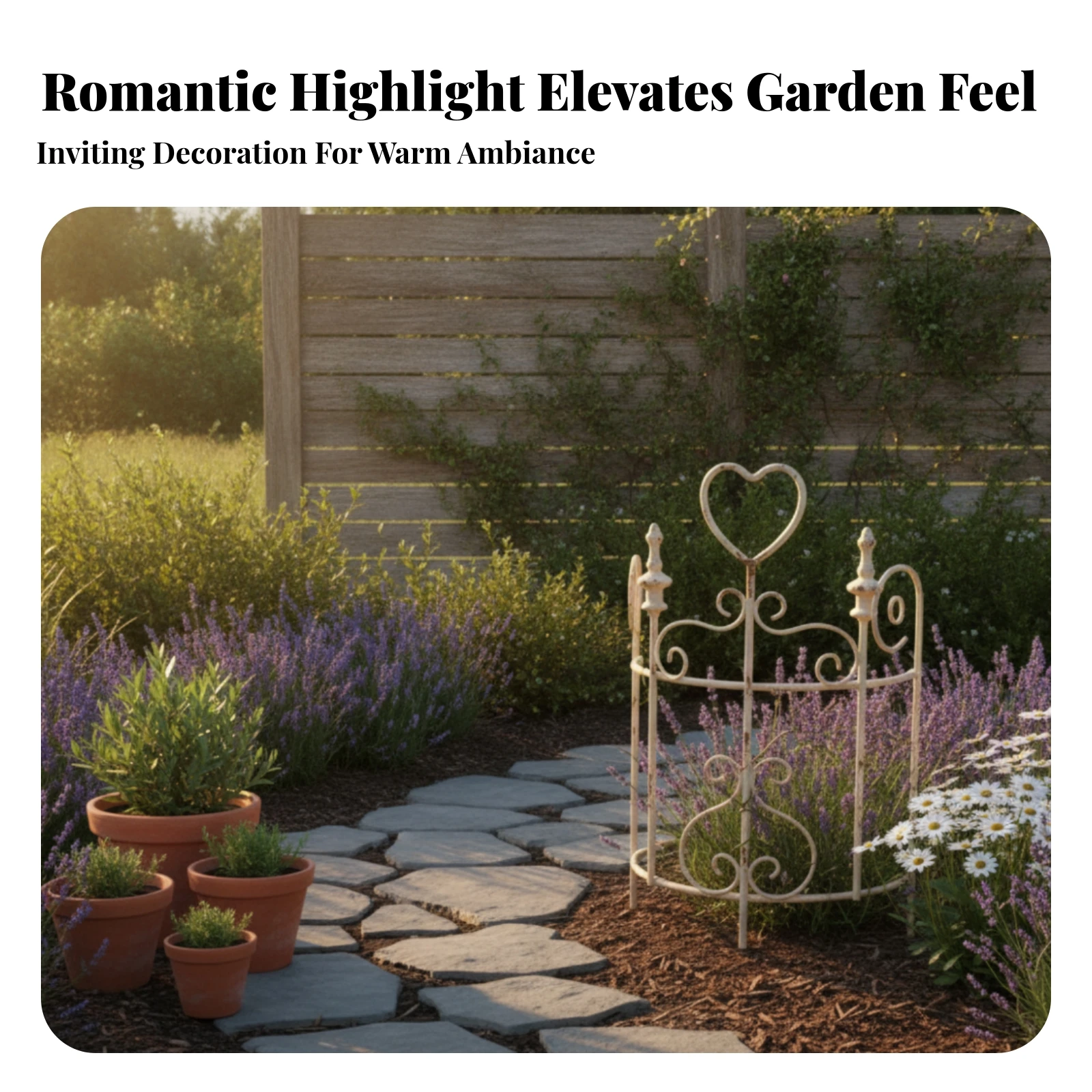 Vertical Rods Outdoor Decor Heart-Top Iron Fence Rounded Side Loops Distressed Finish Half-Round Garden Fence