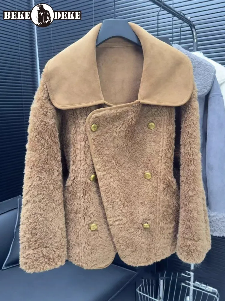 

Winter Women Wool Coat Double Breasted Reversible Loose Fit Vintage Long Sleeve Turndown Collar Office Ladies Shearling Jacket