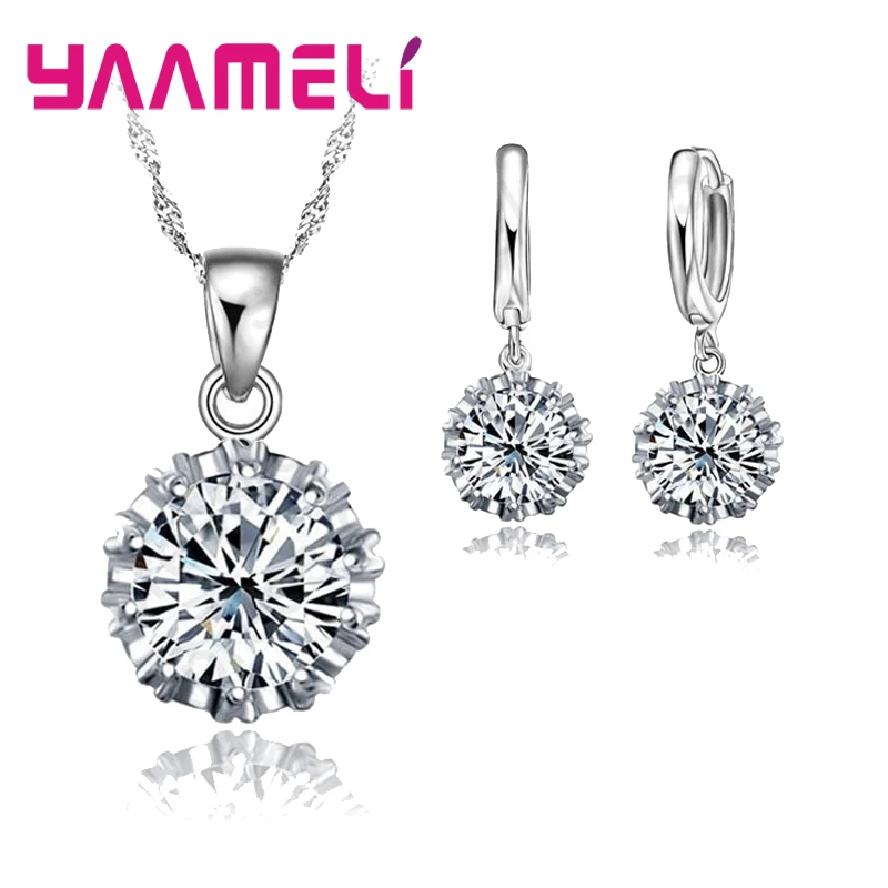 Super Shining Cubic Zirconia Crystal Genuine 925 Sterling Silver Round Necklace Pendant Earrings Jewelry Sets For Women