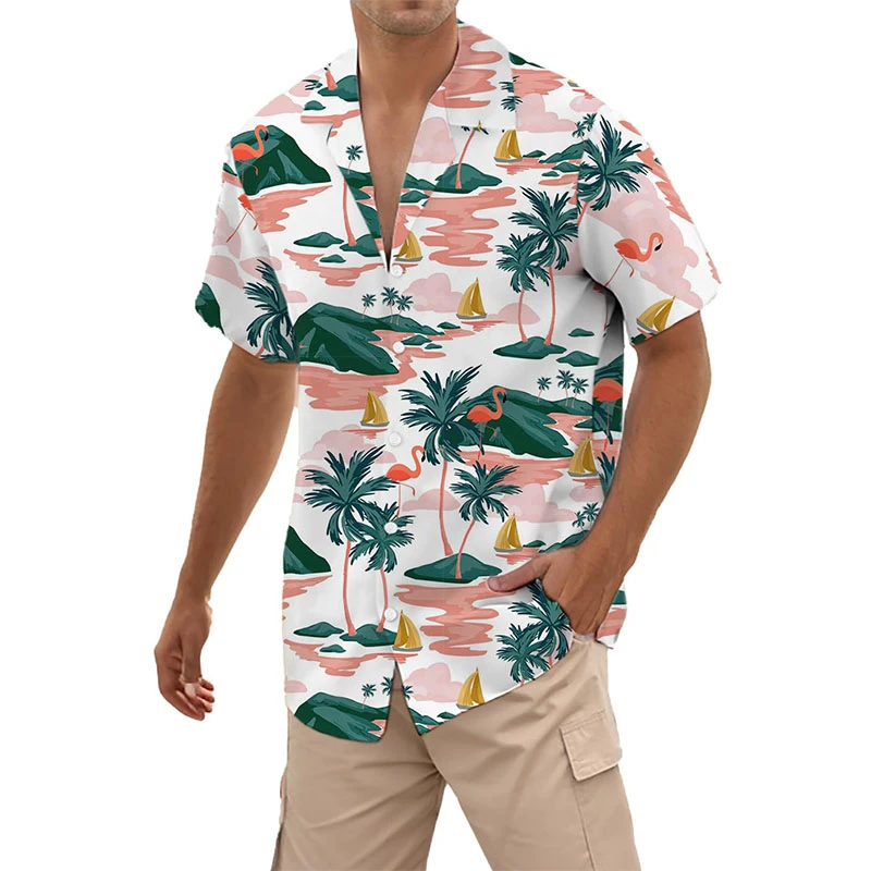 

Summer Hawaii Beach Shirts Tropical Holiday Coconut Tree Sunset Short Sleeve Aloha Unisex Lapel Blouse Vacation Surfing Blouses