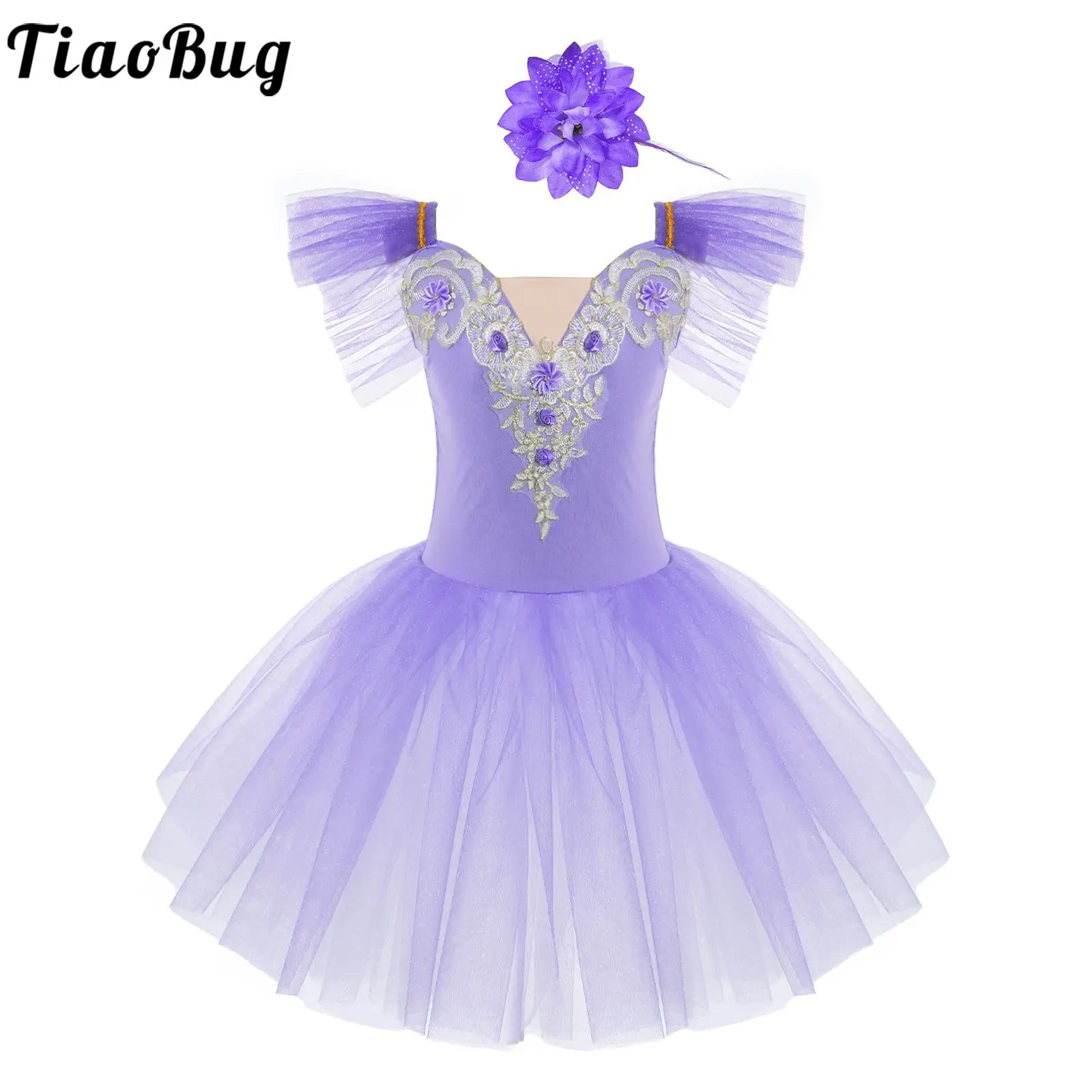 

Kids Girls Flying Sleeve Flower Ballet Gymnastic Leotard Tutu Dress with Headdress Ballerina Dancewear Stage Performance Costume