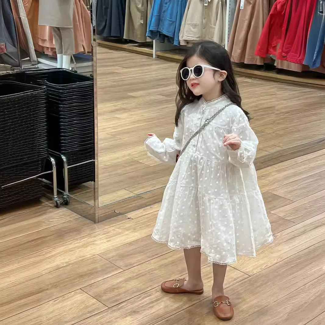 

Baby Girl Princess Dress 2024 Spring Girl Temperament Fairy Beauty White Jacquard Lace Edge Stand-up Collar Dress