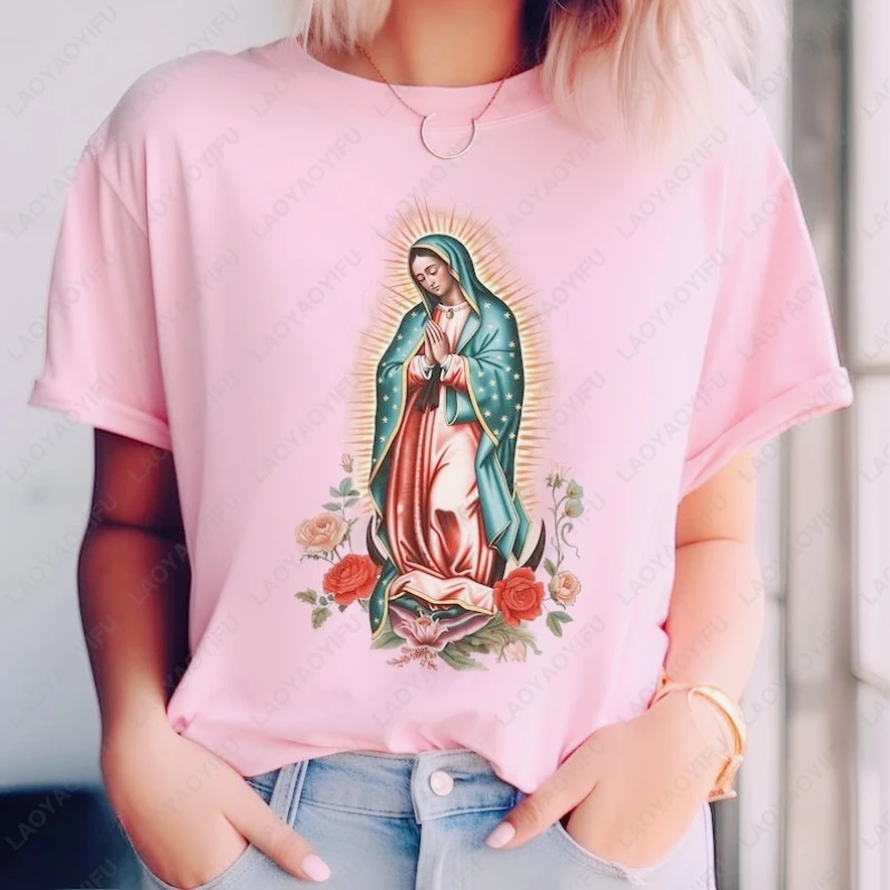 العذراء دي غوادالوبي ماري التي شيرت الكاثوليكية هدية المكسيكية الدينية النساء الرجال Camisetas الاتجاه المسيحي تيز ملابس علوية من القطن مريحة