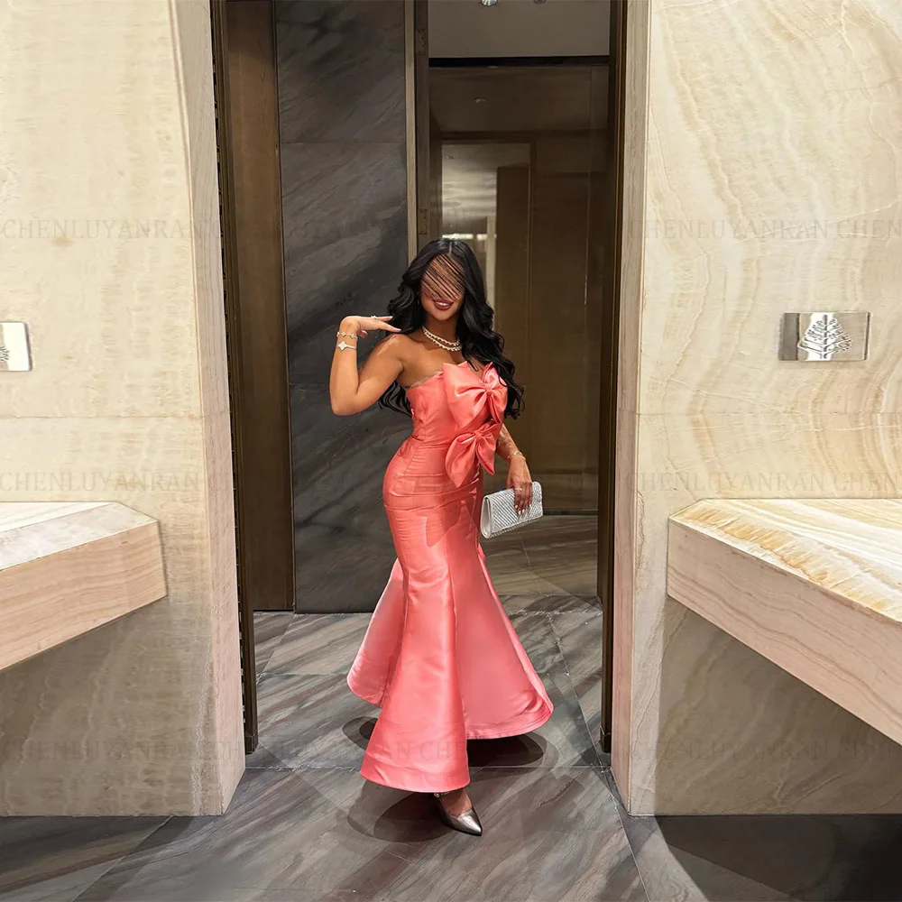 

MOLISA Customized hort Satin Evening Dresses with Bow Mermaid Strapless فساتين سهرة Pleated Ankle Length Prom Dress fo