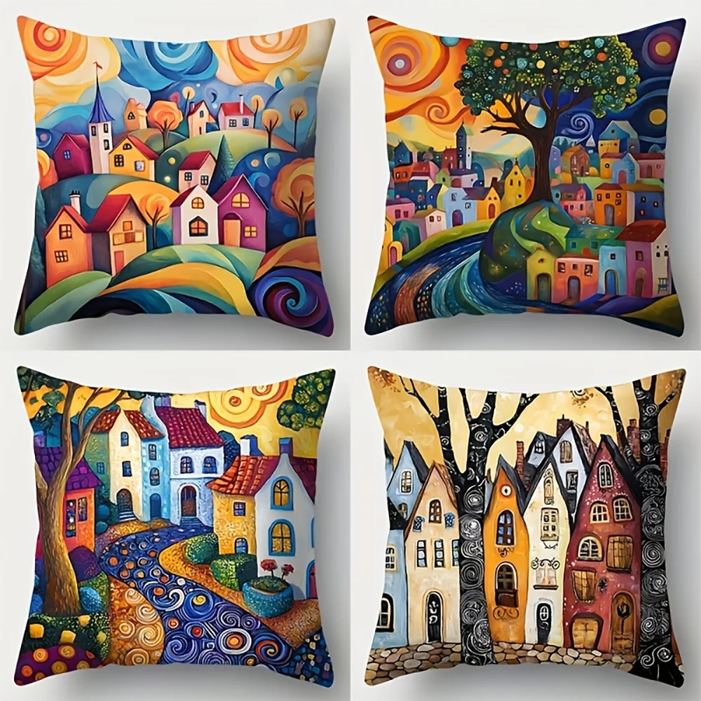 2D Flat Bohemian Whimsical Village Landscape Throw Pillow Covers Decorative Artistic Home Cushion Cases No Pillow Core