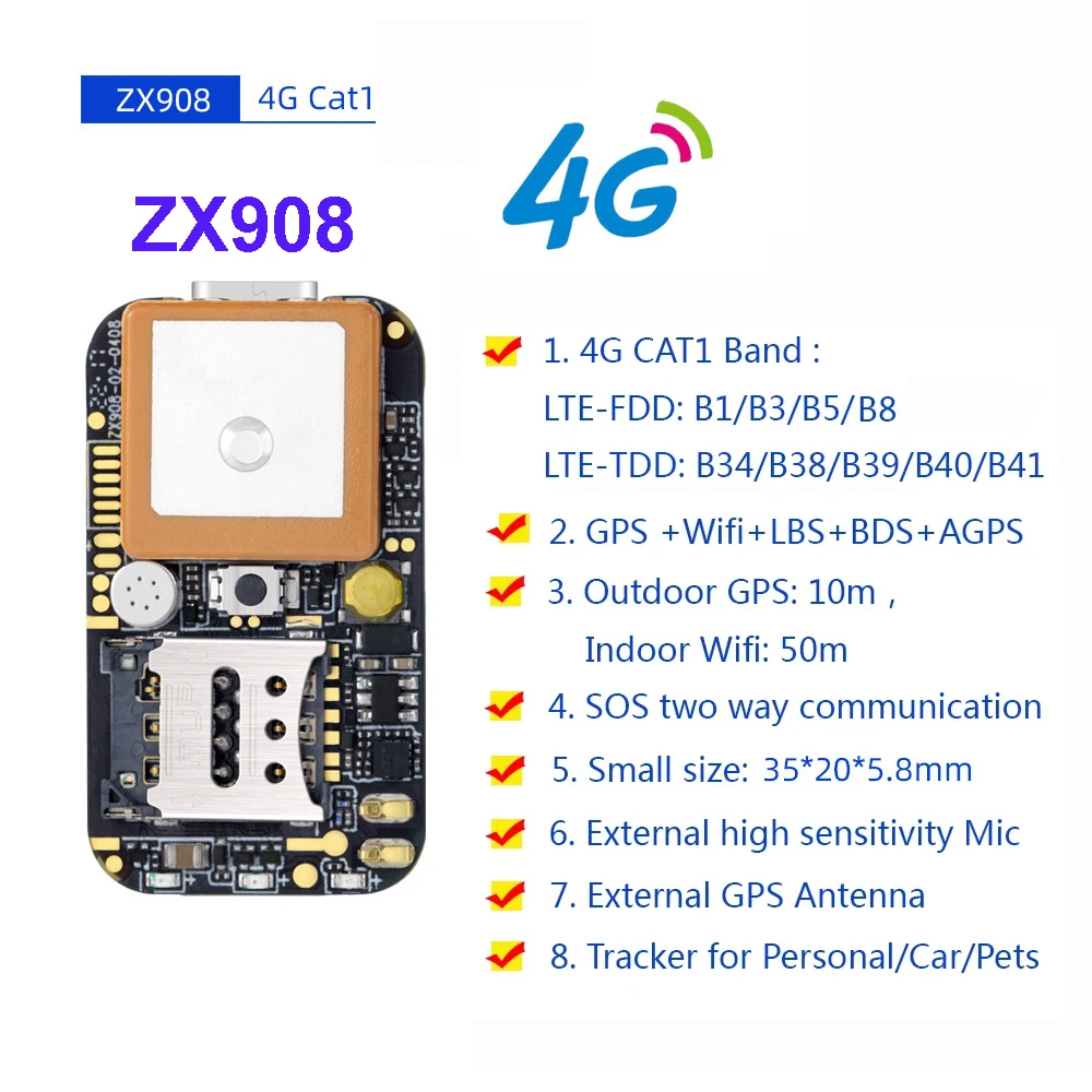 Mini GPS Tracker ZX908 4G Chip Module LTE CAT-1 Tracking PCBA GPS