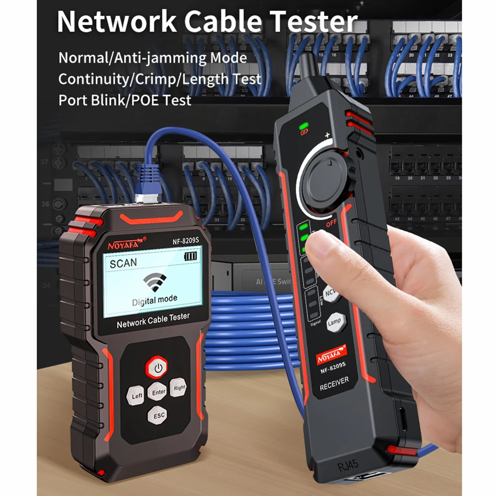 NOYAFA NF-8209S – tester i lokalizator kabli sieciowych Cat5e, Cat6, Cat6a, Cat7, Cat8, z funkcją PoE, TDR, pomiaru długości, sprawdzania ciągłości, mapowania połączeń, diody NCV, RJ45, LAN. — zdjęcie produktu 2
