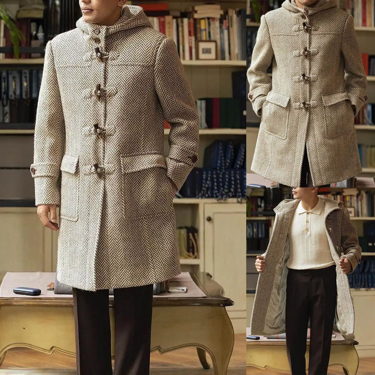 

Casual Grid Men Overcoat 1 Piece Single Breasted Stand Lapel Wear Hat Mid-length Autumn Winter Outwear Warm Blazers Customized