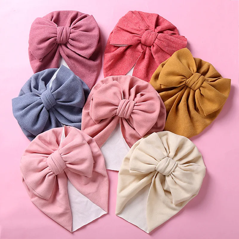 Solid Color Newborn Indian Hat Bow Infants Turban Cap Soft Cotton Baby Headscarf Beanies Headband 0-3Year Kids Hair Accessories