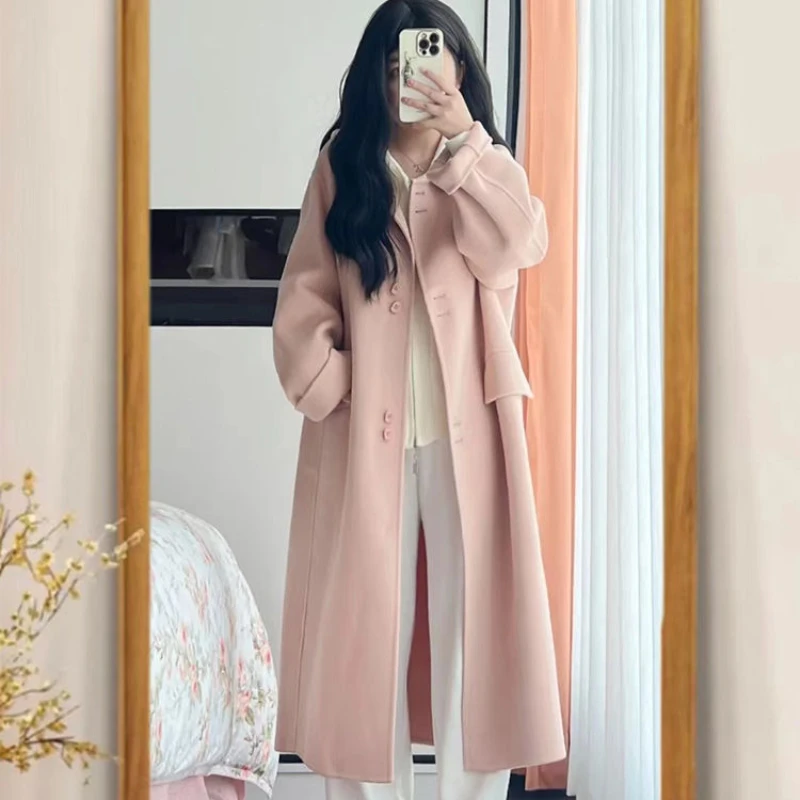 Women's Light Green Woolen Coat, Long Below The Knees, Loose Temperament Outwear, Casual Fashion, High-Grade, Autumn, Winter