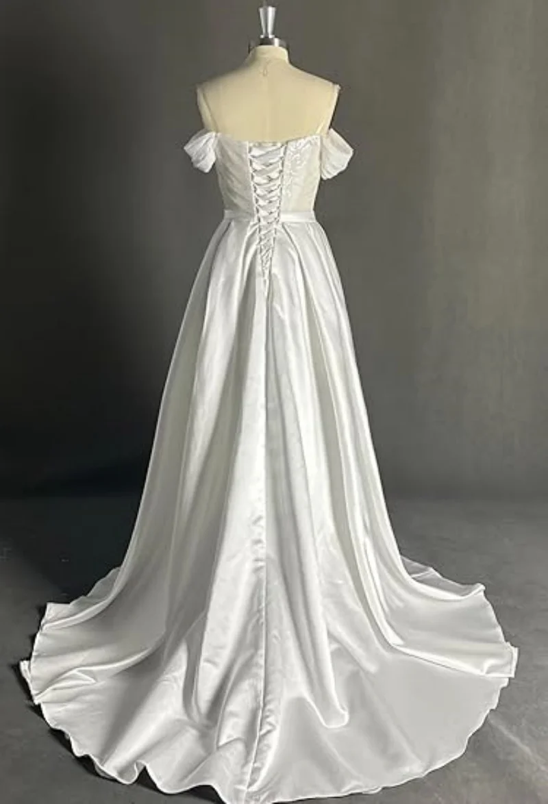 Sparkly Satin Off The Shoulder Long Prom Dresses Ball Gown Sequin A-Line Formal Evening Party Dress Draped Boat Neck Bridal Gown