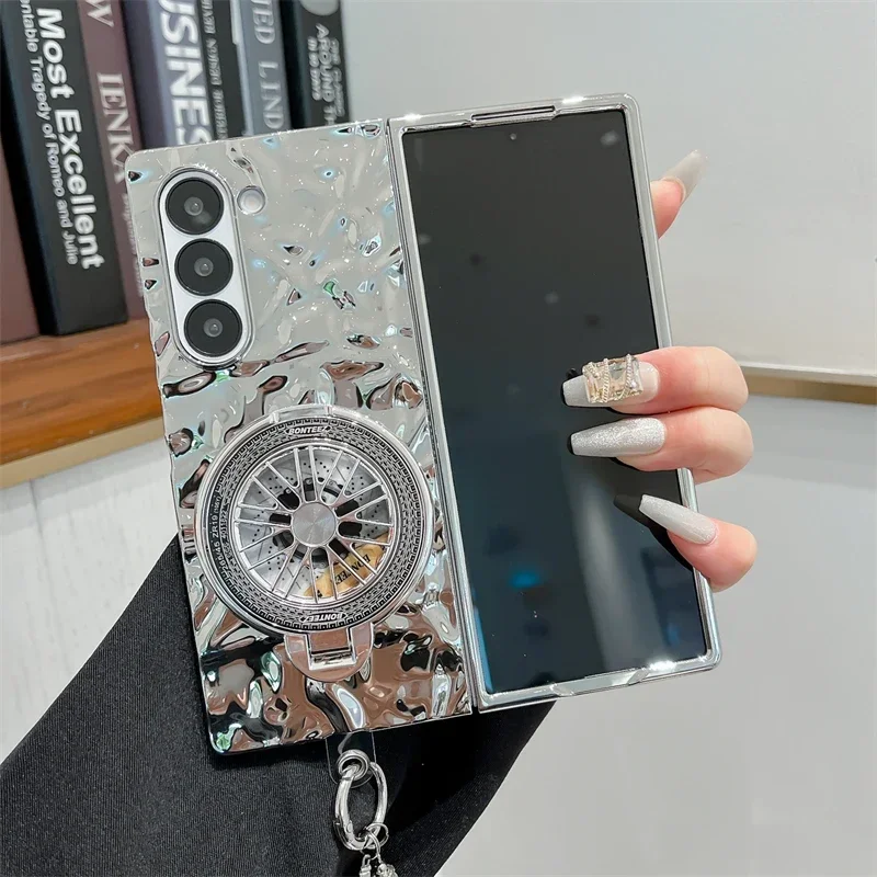 Electroplated Gyroscope Holder Phone Case for Samsung Galaxy Z Fold 6 Fold6 2024Wrist Strap Hard Shell Cover