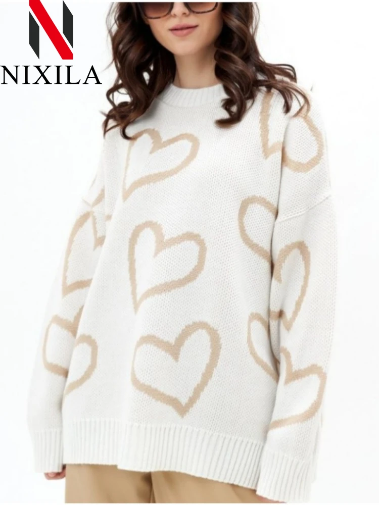 

New in Autumn Winter Women Pullovers Korean Fashion O-neck Love Tops Casual Loose Women's Sweater Elegant Retro Ladies Clothing