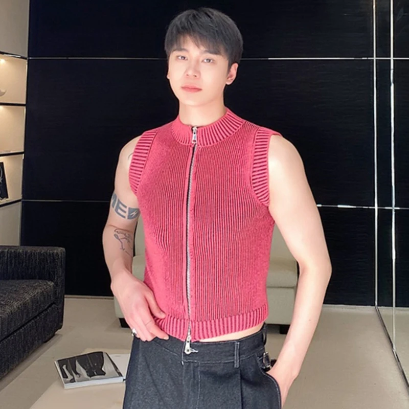 IEFB Male Knit Vest Casual Stand Collar Zipper Solid Color Elasticity Men Knitting Sleeveless Top 2024 spring New Stylish 9C4960