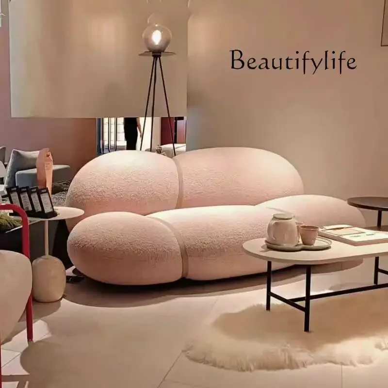 A44 Nordic cream style lamb wool sofa small apartment living room balcony bedroom  wind straight row sofa