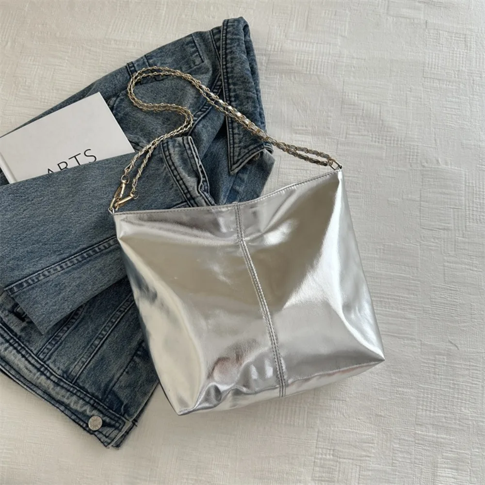 

Simple Shiny PU Leather Tote Bag Solid Color Large Capacity Chain Shoulder Bag Shopping Bag Purse Women Handbag Ladies