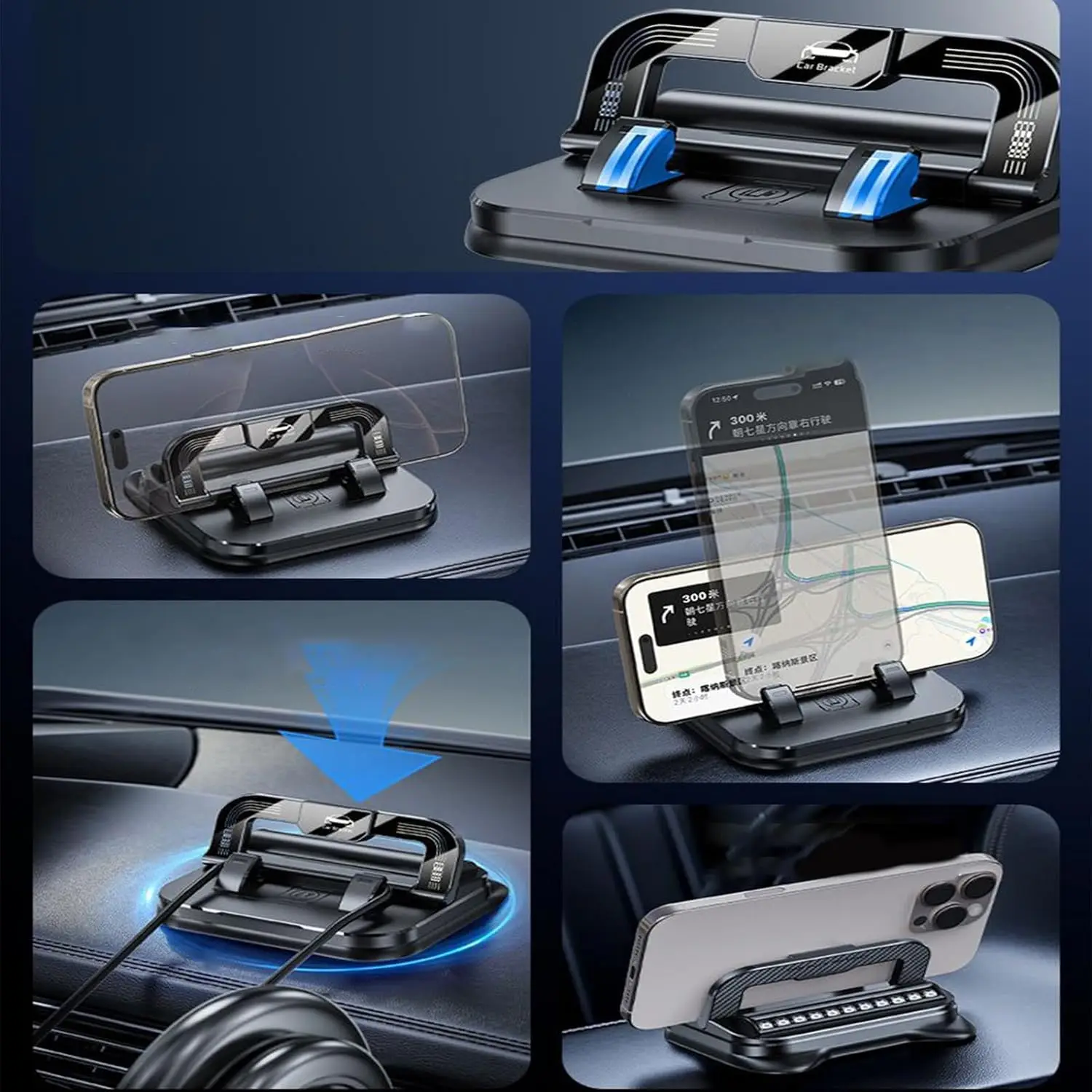 Car Phone Holder 360° Dashboard Mount - Adhesive, Non-Slip, Universal Horizontal/Vertical Adjustable for Navigation