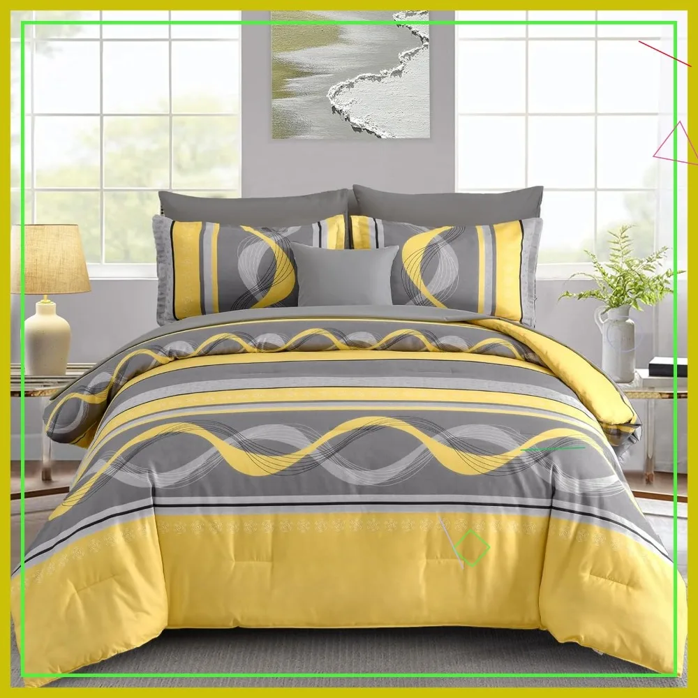 

Queen Size Yellow Patchwork Striped Comforter Set, 8-Piece Microfiber Bedding for All Seasons (90"x90")