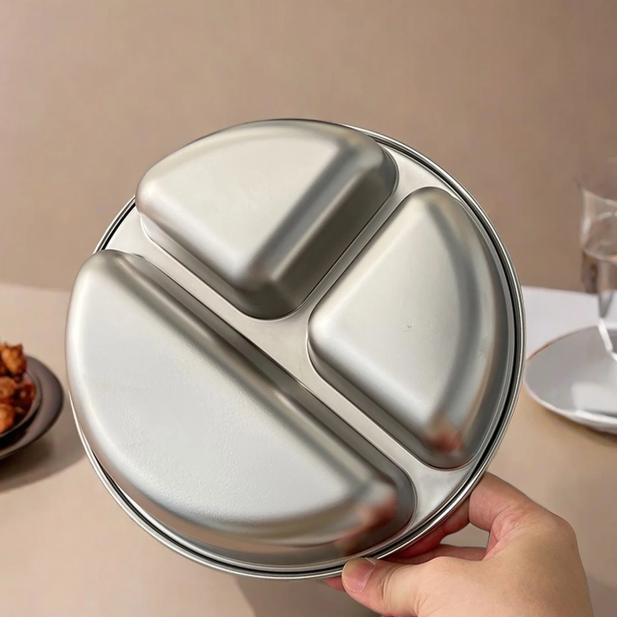WORTHBUY Round 304 Stainless Steel Dinner Plate 3 Compartments Food Plate Tray Kitchen Food Container Cute Divided Dining Plate