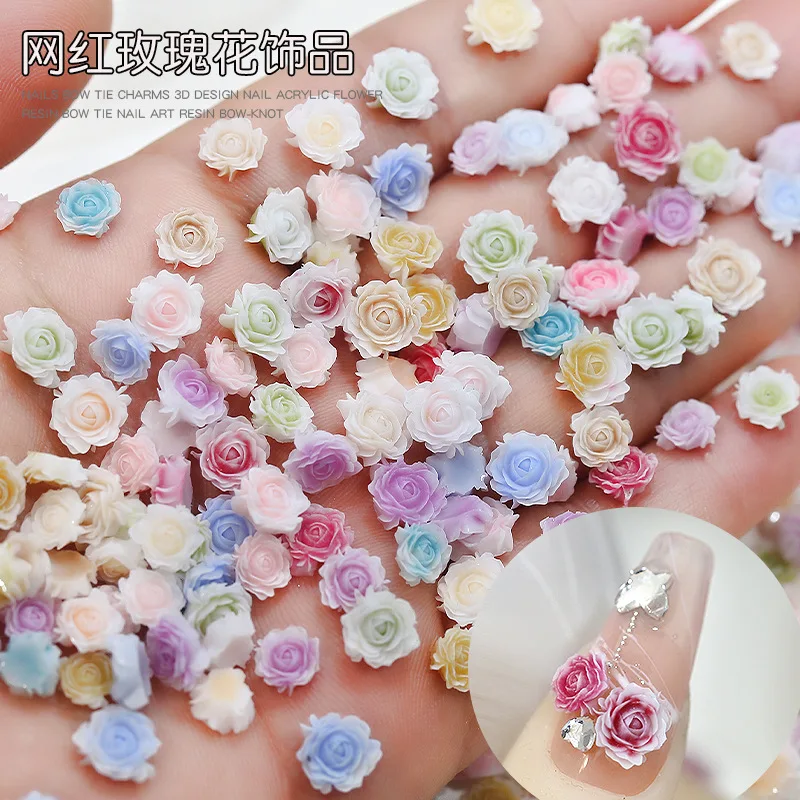 

100PCS Beautiful Gradient Dyeing Colorful 3D Rose Camellia Resin Nail Art Rhinestones Decorations Manicure 6mm 8mm Charms