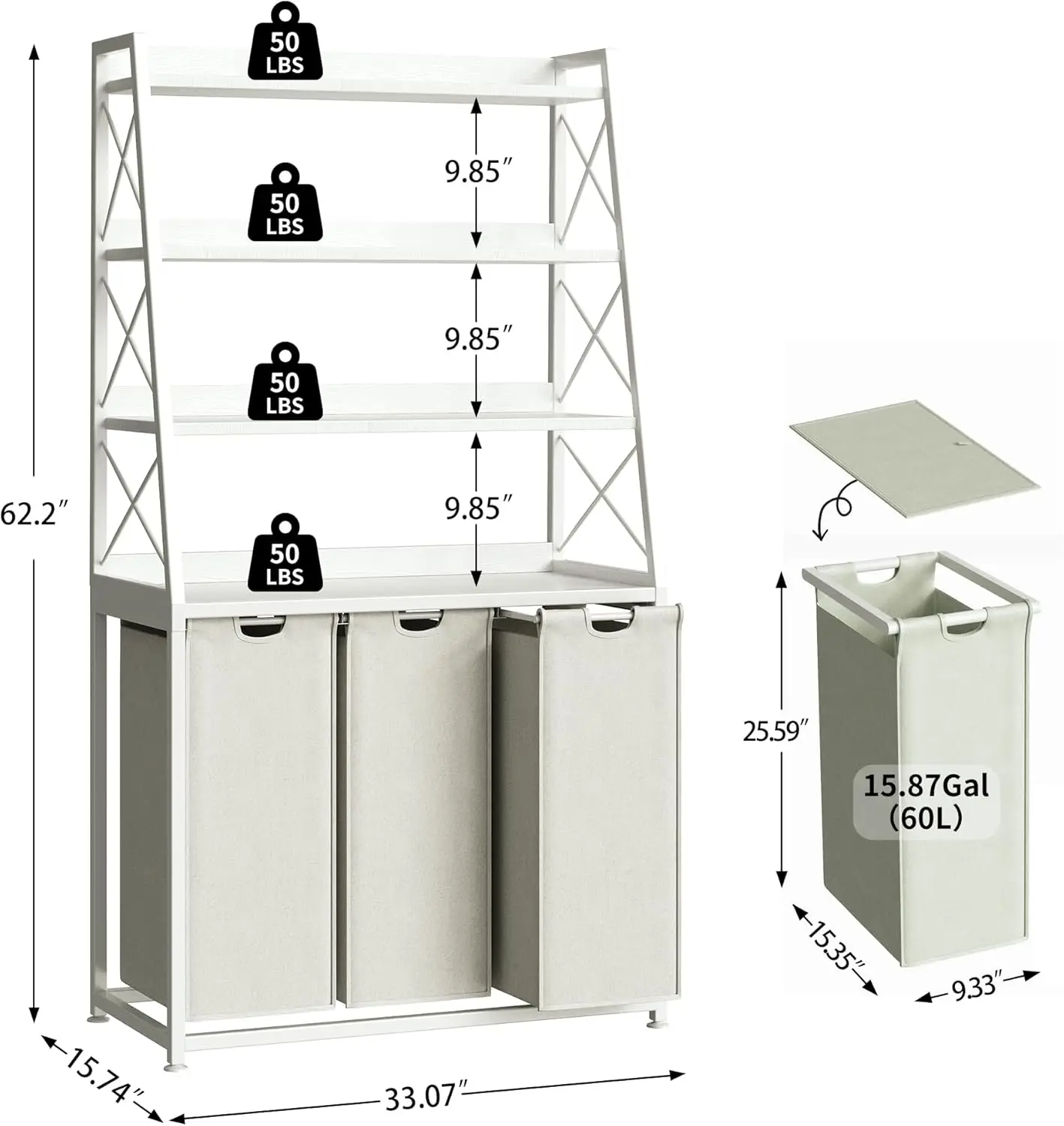 Laundry Basket, 3 Section Laundry Hamper with 4 Tiers Shelf, Pull-Out and Removable Laundry Bags, Large 3 x 15.87 Gallons