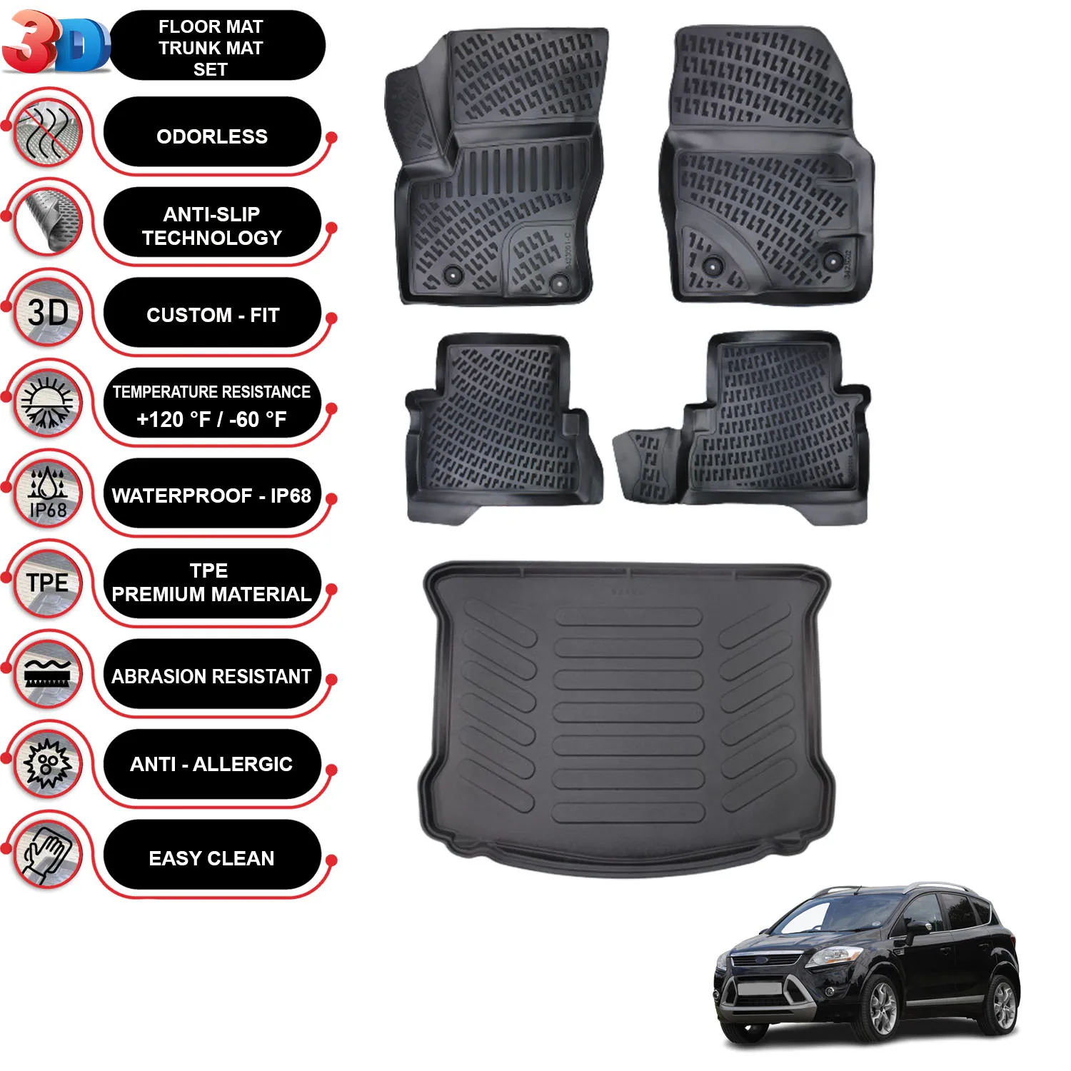 Ford Kuga - (2008-2012) - Floor Mats + Cargo Trunk Liner - SET - (Black)