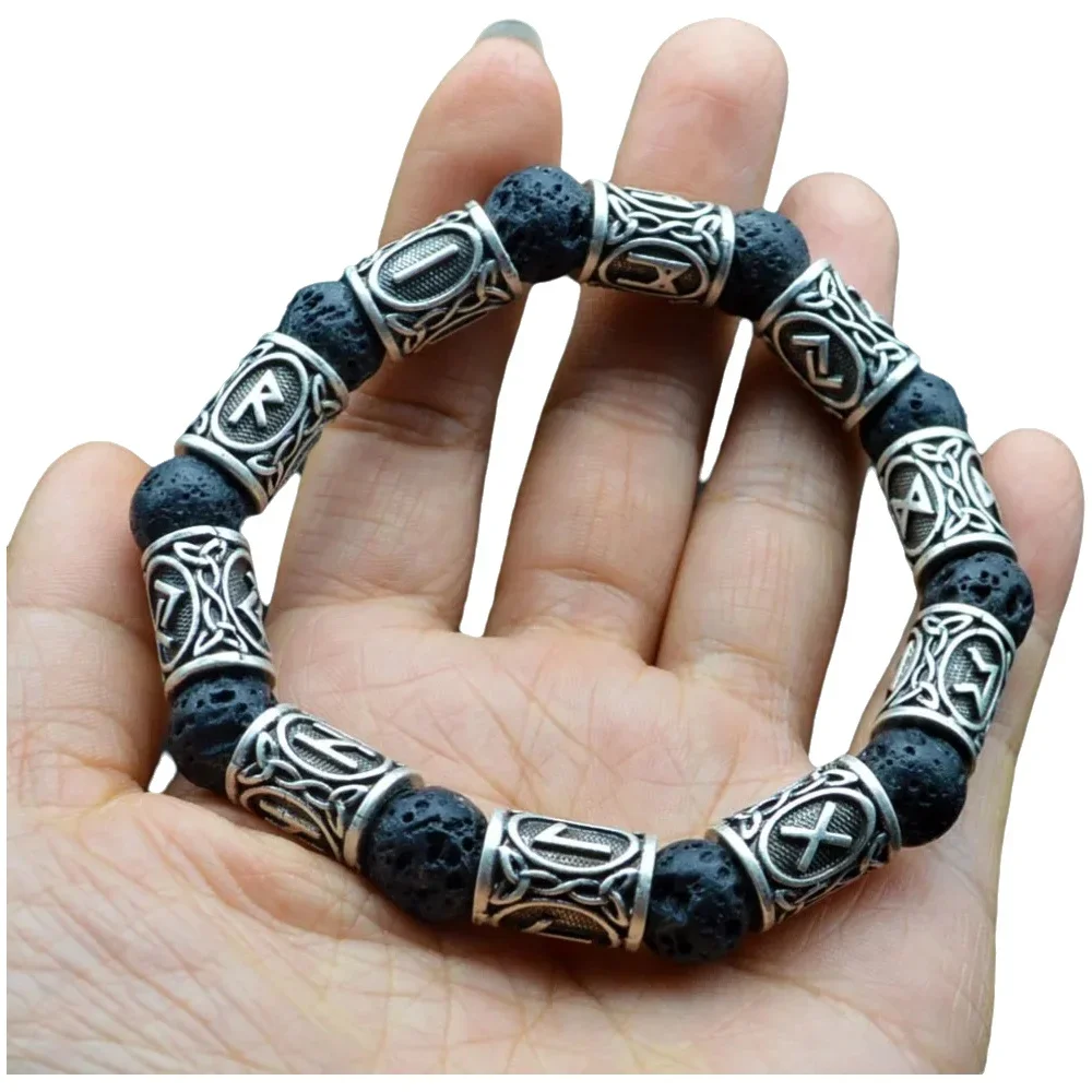 Vintage Volcano Lava Stone 10pcs Runes Beads Men Bracelet Viking Rune Bracelet Fashion Charm Jewelry Men Women Gift