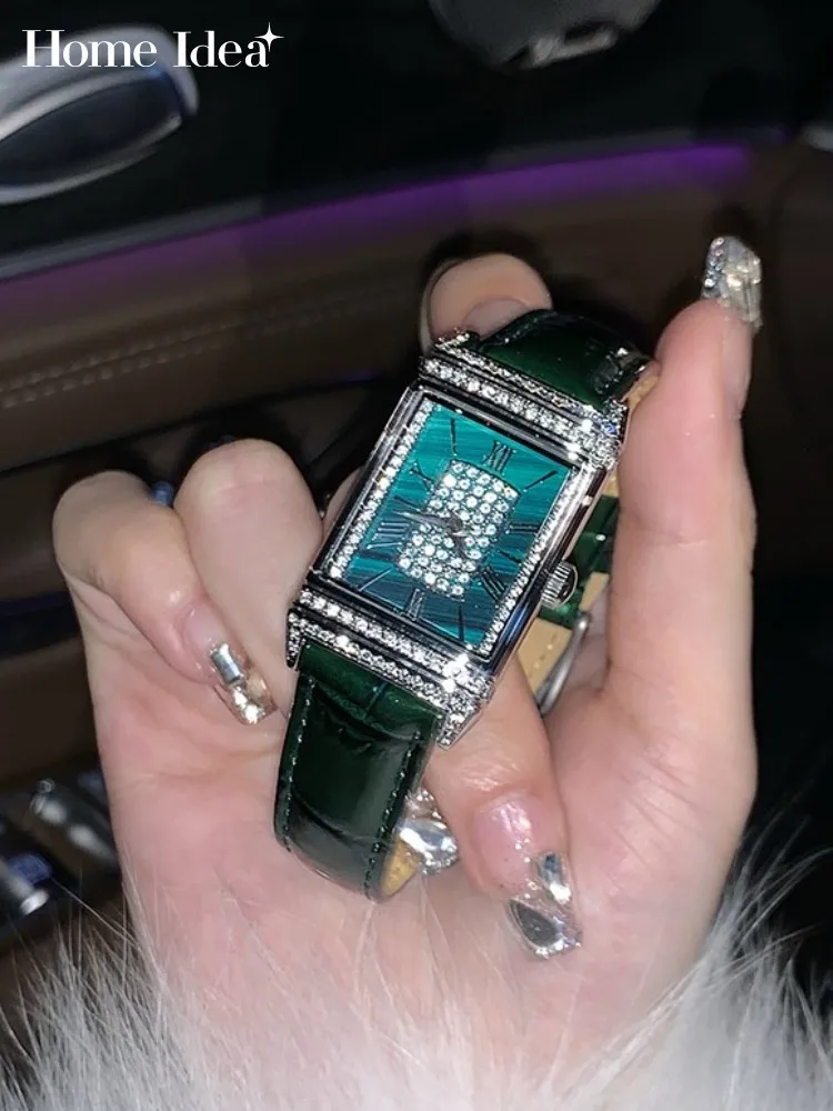 

Vintage Elegant Women Rectangle Quartz Watch Designer Genuine Leather Strap Pin Buckle Office Ladies Fashion Diamonds Wristwatch