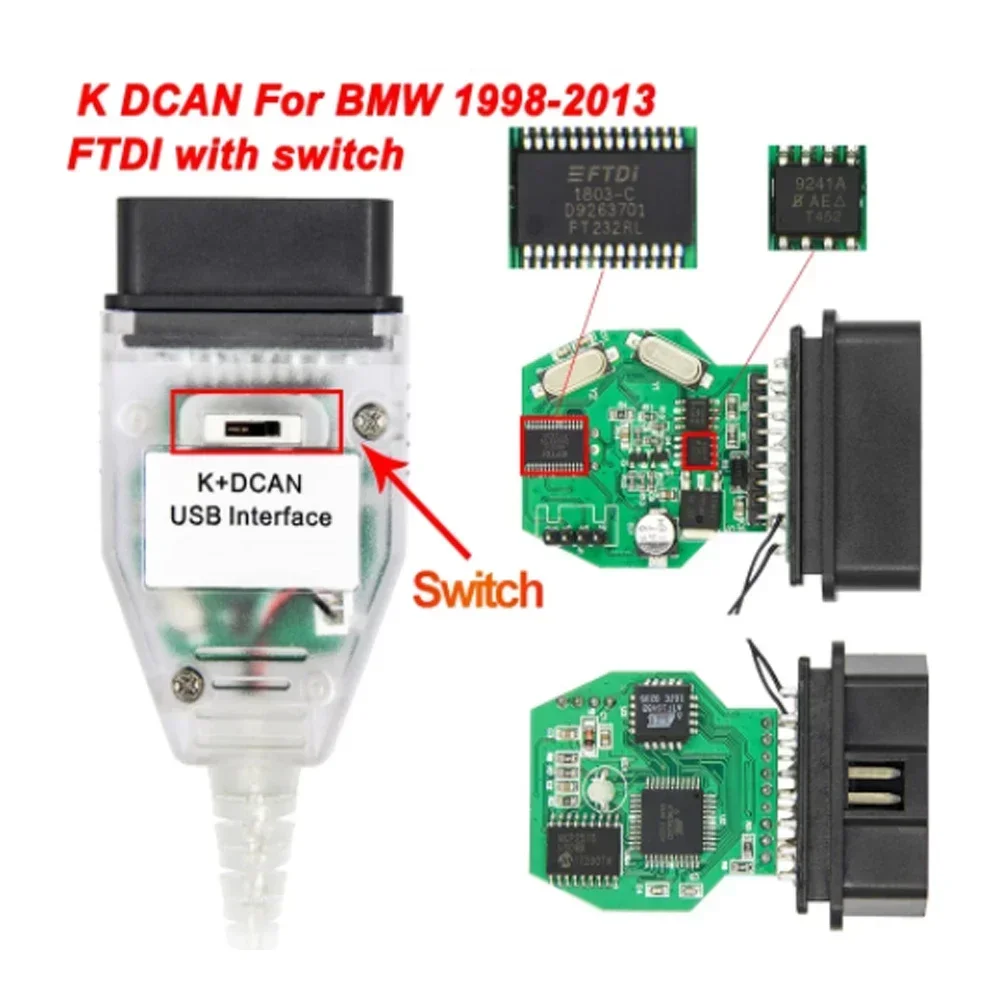 

Для BMW K+DCAN FTDI FT232RL с переключателем K DCAN K CAN OBD 2 OBD2 Для BMW Автомобильные диагностические инструменты K-line K line Кабель wifh 20Pin
